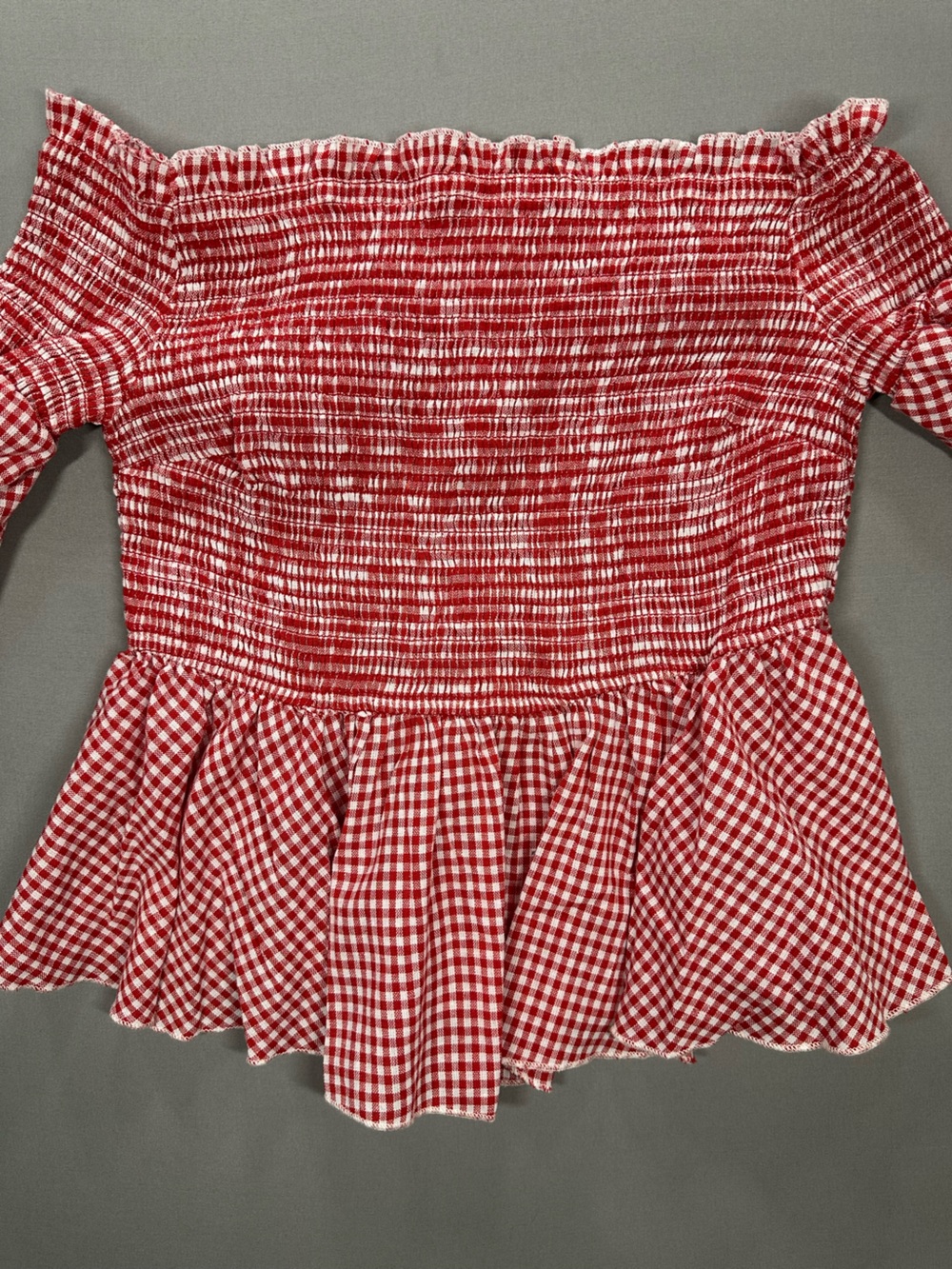 Us Together Off The Shoulder Bell Sleeve Shirred Ruffle Top, Gingham - Large - Picture 9 of 13